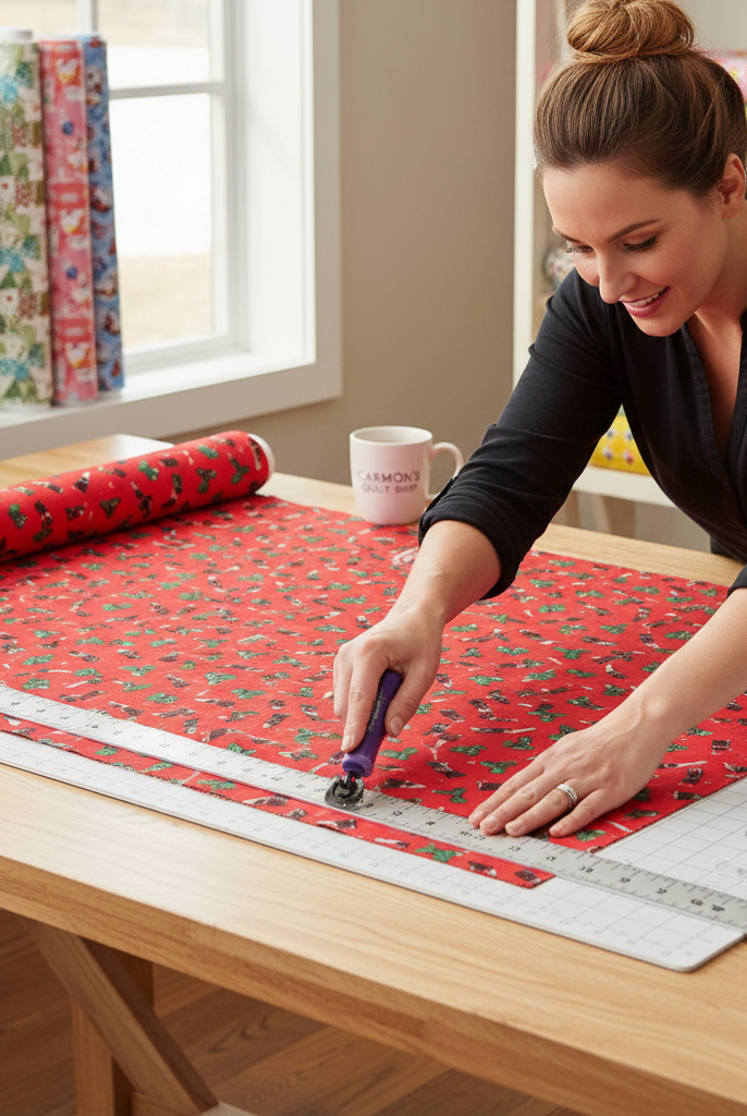 Carmon's Quilt Shop woman cutting red Coca-Cola Christmas logo toss cotton fabric with a rotary cutter on a table