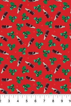 Carmon's Quilt Shop red cotton fabric featuring a festive Coca-Cola bottle and green holly leaf logo toss pattern