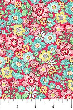 Carmon's Quilt Shop Quilting in Bloom red cotton fabric with a packed floral print of pink, yellow, and teal flowers.