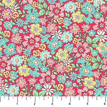 Carmon's Quilt Shop Quilting in Bloom red cotton fabric with a packed floral print of pink, yellow, and teal flowers.