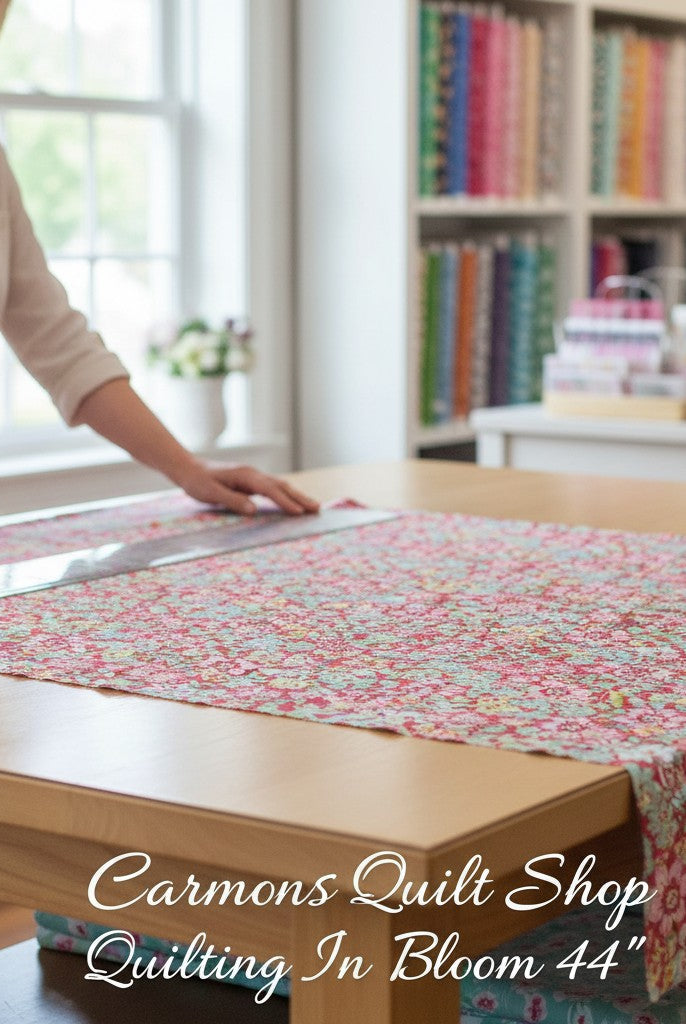 Carmon's Quilt Shop Quilting in Bloom red floral cotton fabric being measured on a table by a woman