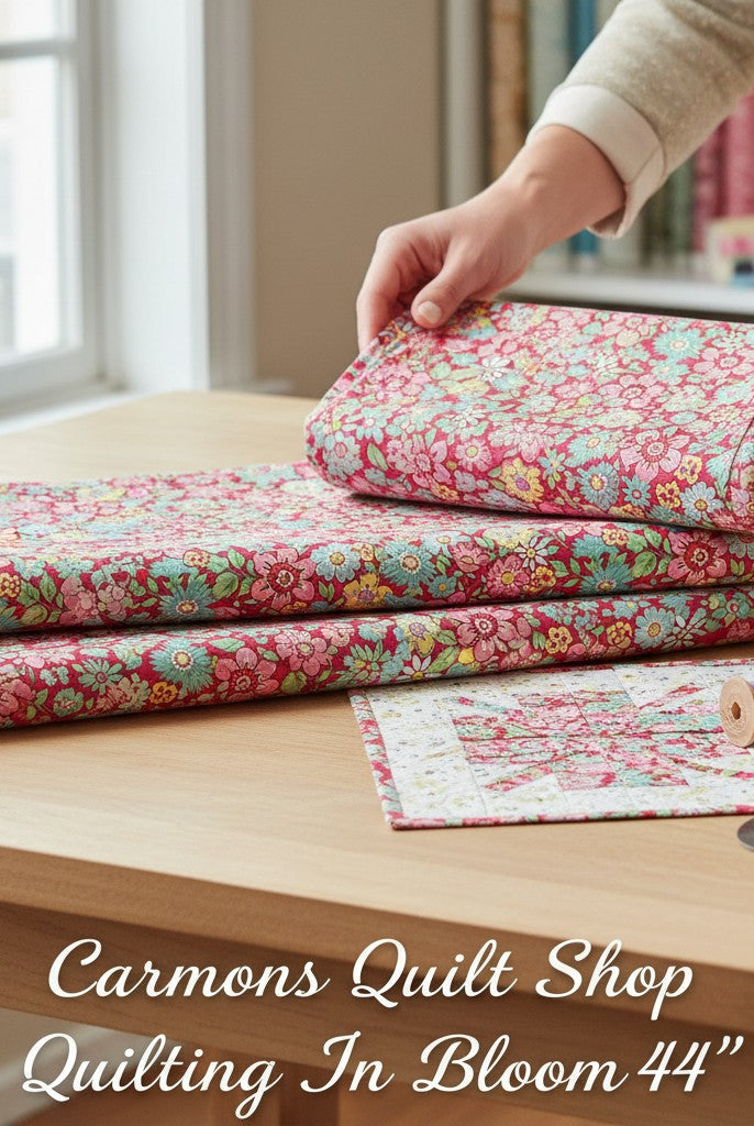 Carmon's Quilt Shop Quilting in Bloom red floral 100% cotton fabric being folded on a wooden table