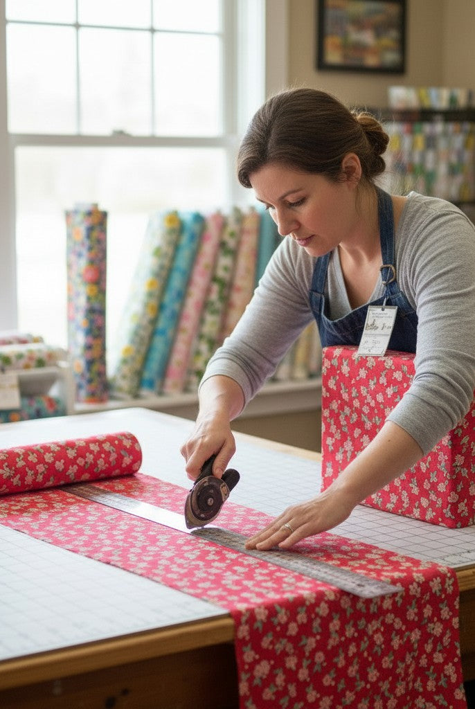 Carmon's Quilt Shop employee cutting red floral Quilting in Bloom cotton fabric with a rotary cutter on a work table