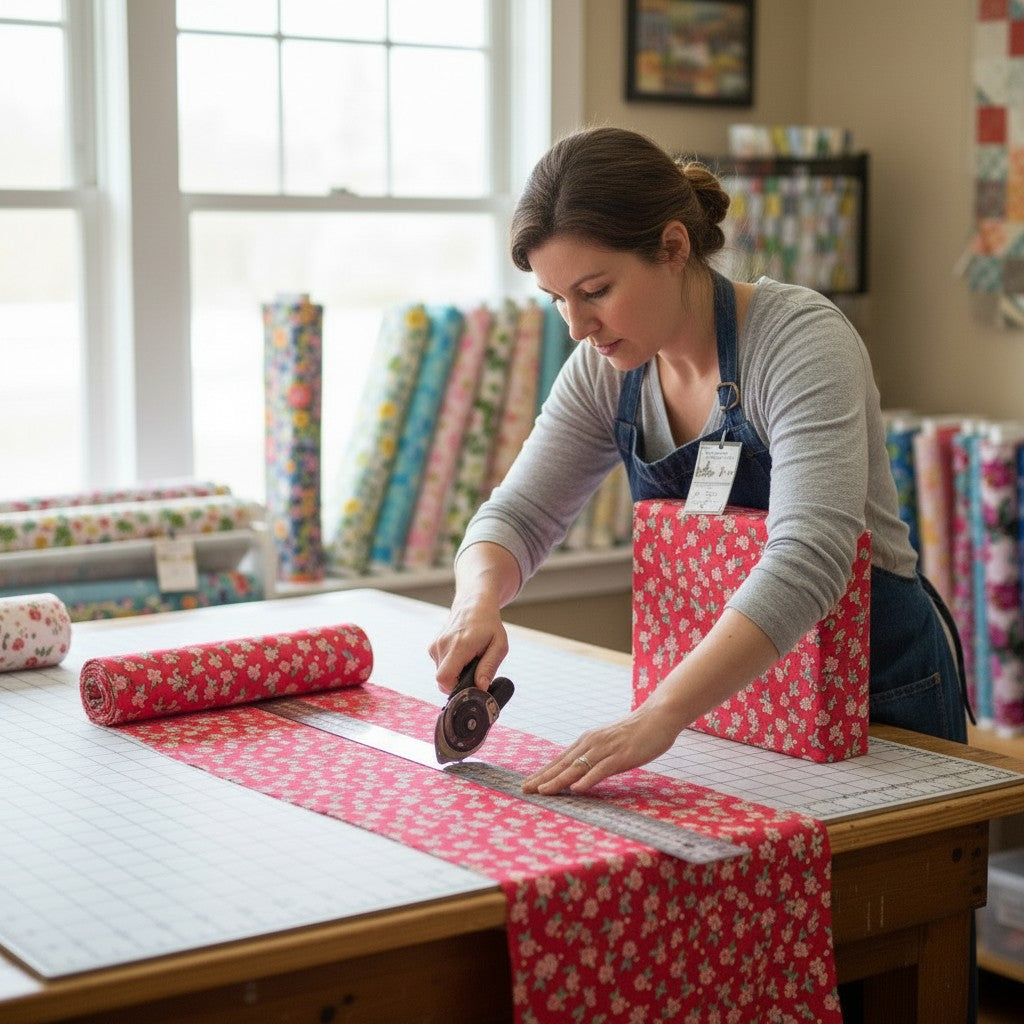 Carmon's Quilt Shop employee cutting red floral Quilting in Bloom cotton fabric with a rotary cutter on a work table