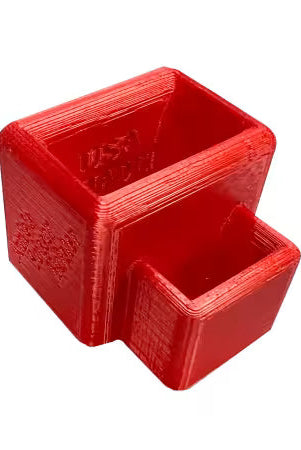 Carmon's Quilt Shop red 3D printed PLA scissor holster with two slots for organizing sewing tools and snippers.