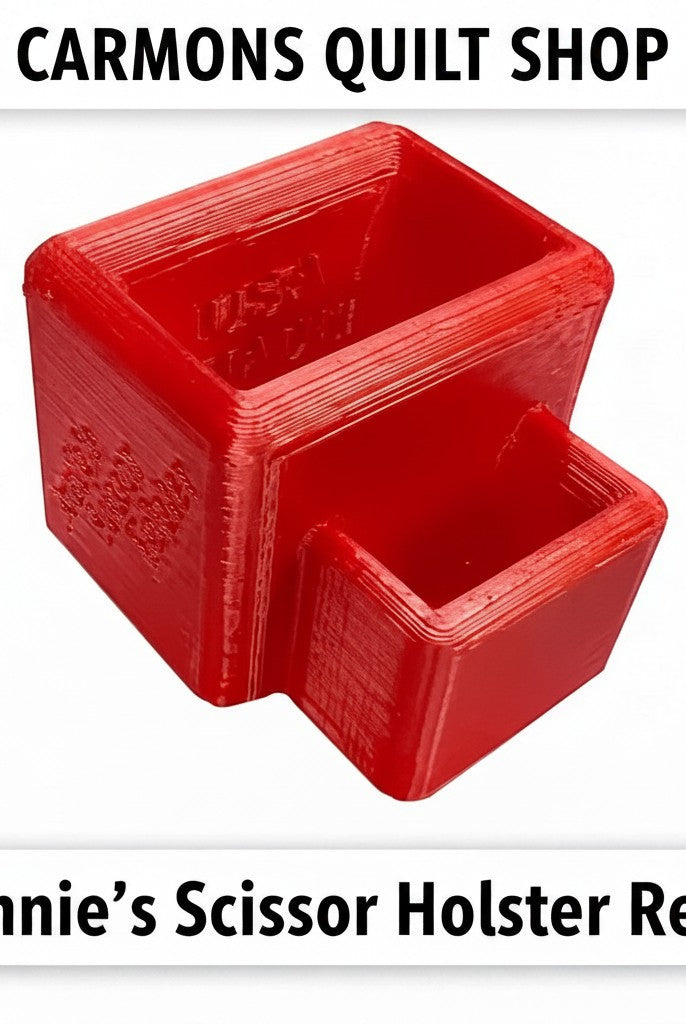 Carmon's Quilt Shop red 3D printed PLA scissor holster with two slots for organizing sewing tools and thread snippers