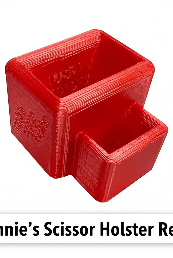 Carmon's Quilt Shop red 3D printed PLA scissor holster with two slots for organizing sewing tools