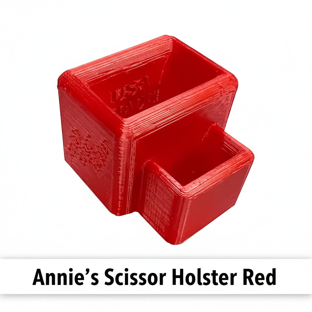 Carmon's Quilt Shop red 3D printed PLA scissor holster with two slots for organizing sewing tools