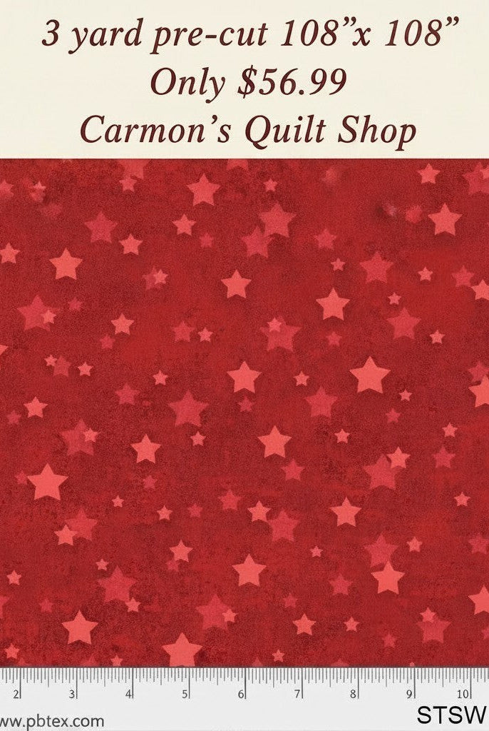 Carmon's Quilt Shop red 108 inch wide cotton backing fabric with a tonal star pattern for quilting projects