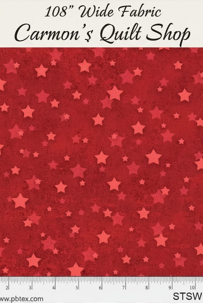 Carmon's Quilt Shop red 108 inch wide cotton quilting fabric with a tonal star pattern for quilt backing