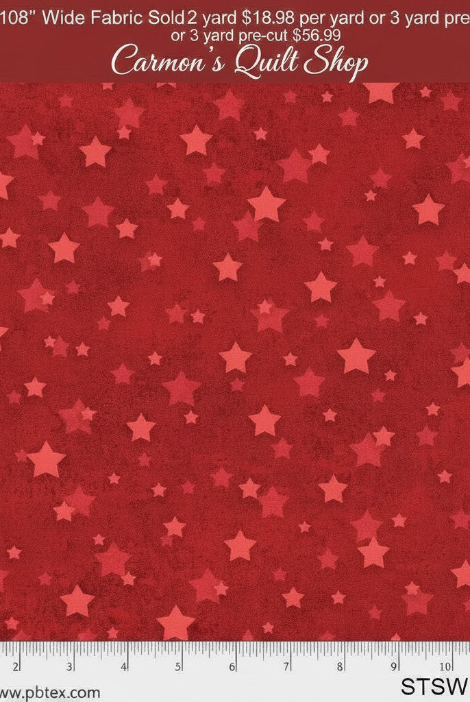 Carmon's Quilt Shop red 108 inch wide cotton backing fabric featuring a repeating star pattern for quilting