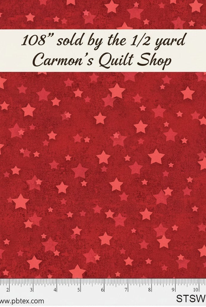 Carmon's Quilt Shop red 108 inch wide cotton quilting fabric featuring a star spangled Americana pattern