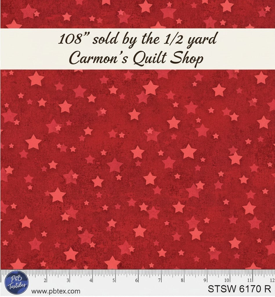 Carmon's Quilt Shop red 108 inch wide cotton quilting fabric featuring a star spangled Americana pattern