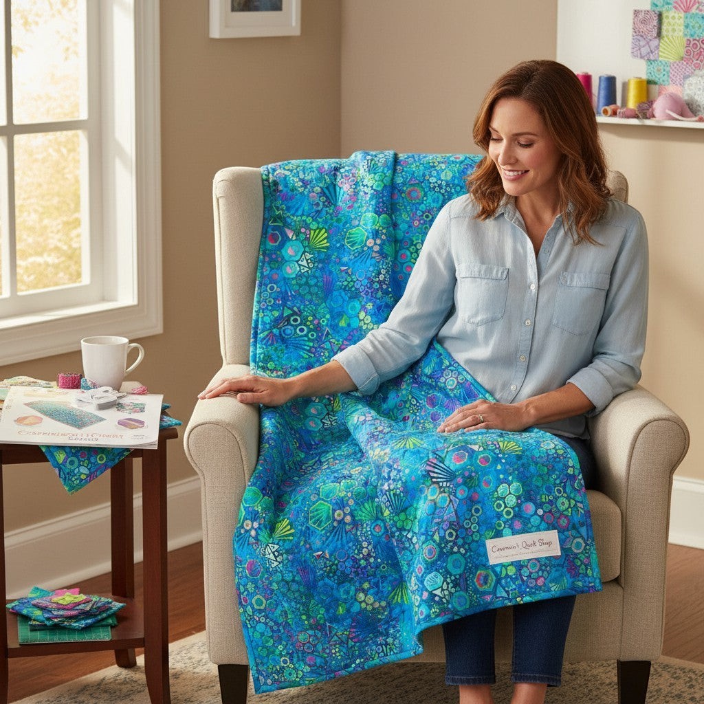 Robert Kaufman Pacific Phantasma 100% cotton fabric in fiesta, featuring a vibrant geometric pattern of hexagons, stars, and triangles in blue, green, pink, and yellow.