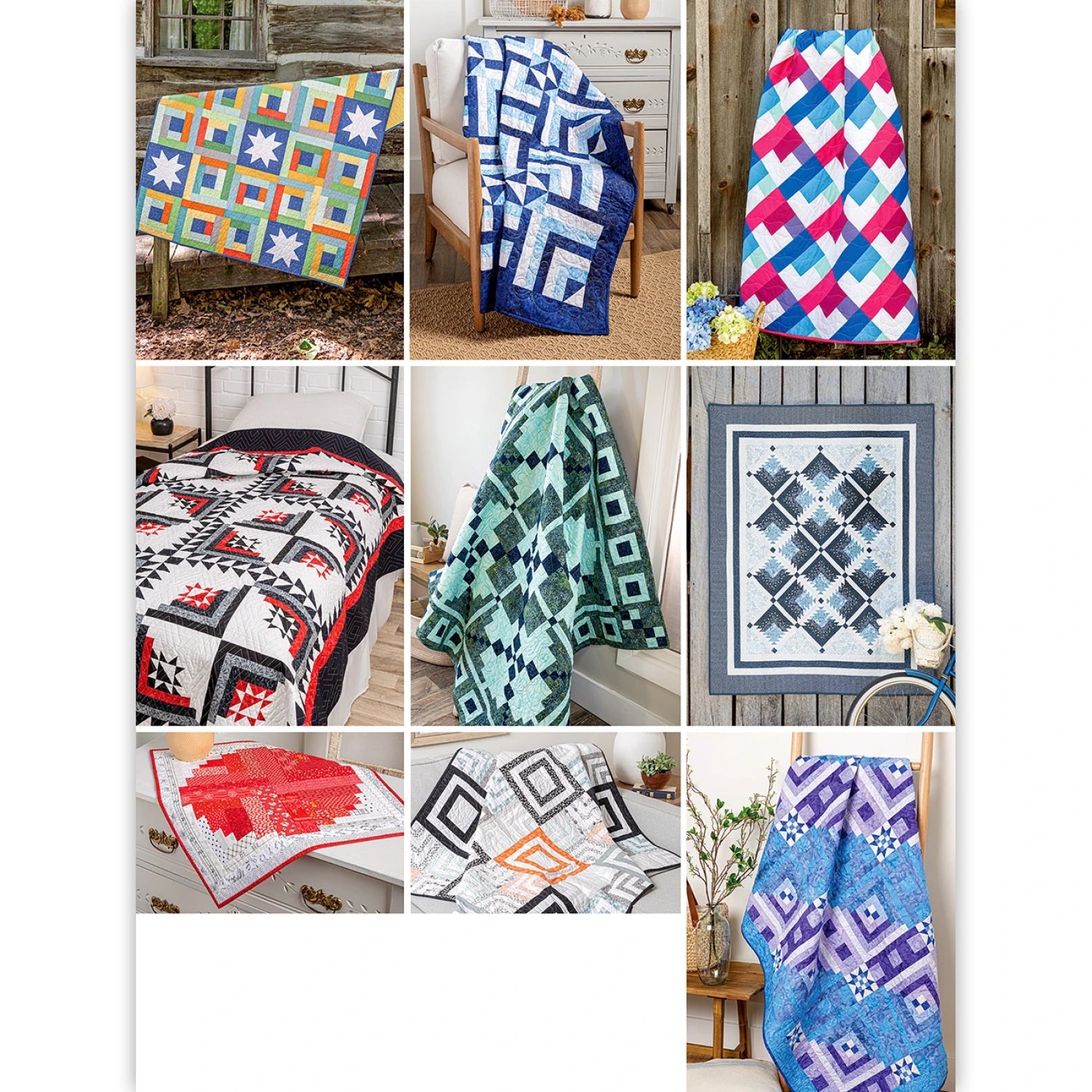 Carmon's Quilt Shop Mix & Match Quilt Sampler Settings book featuring 12 block designs in various colorful patterns.