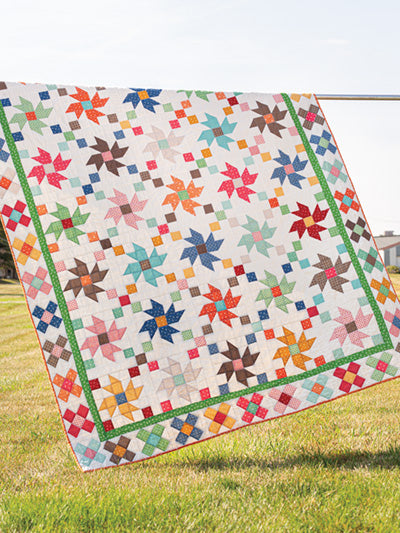 Carmon's Quilt Shop Scrap-Happy quilt featuring colorful pinwheel blocks and a green border hanging outdoors