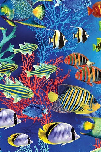 Carmon's Quilt Shop Jewel of The Sea cotton fabric featuring colorful tropical fish and coral on a deep blue background