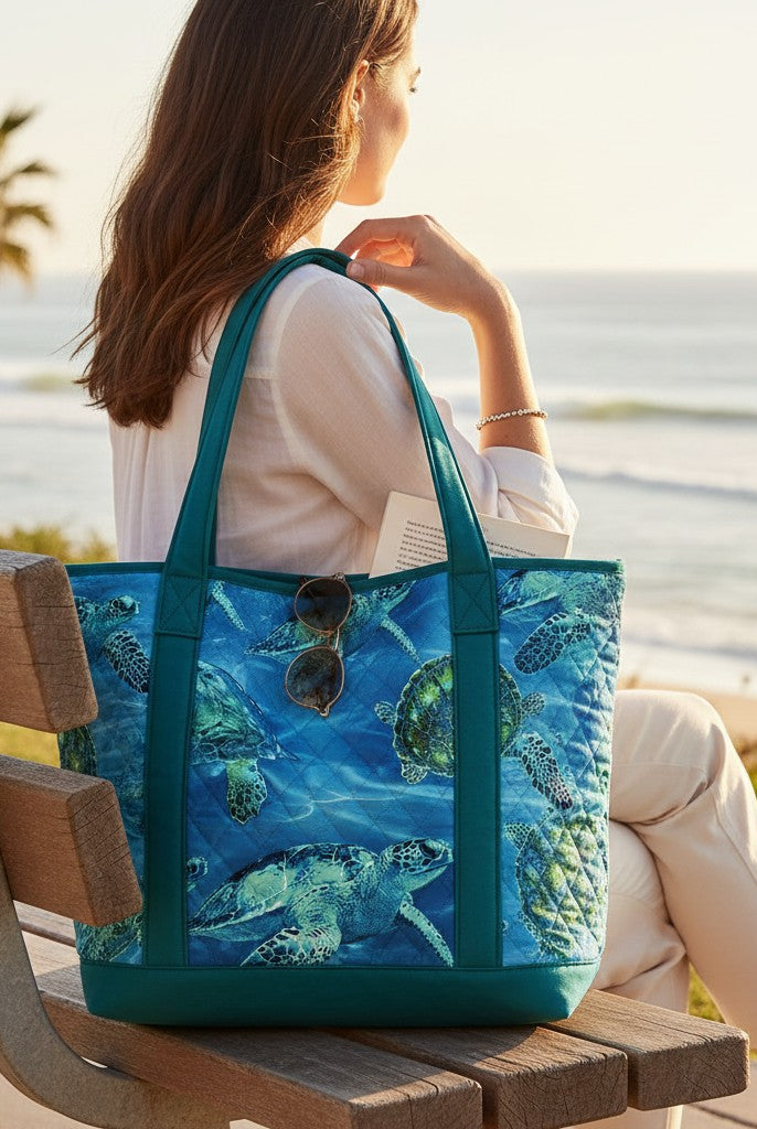 Carmon's Quilt Shop sea turtle print quilted tote bag in blue cotton, resting on a park bench overlooking the ocean.