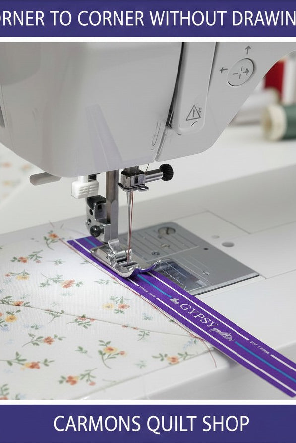 Carmon's Quilt Shop The Gypsy Quilter seam guide washi tape applied to a sewing machine for precise 1/4 inch seams