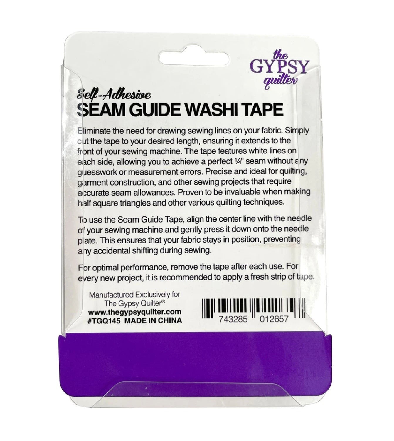 Carmon's Quilt Shop The Gypsy Quilter seam guide washi tape packaging for precise 1/4 inch sewing seam allowances