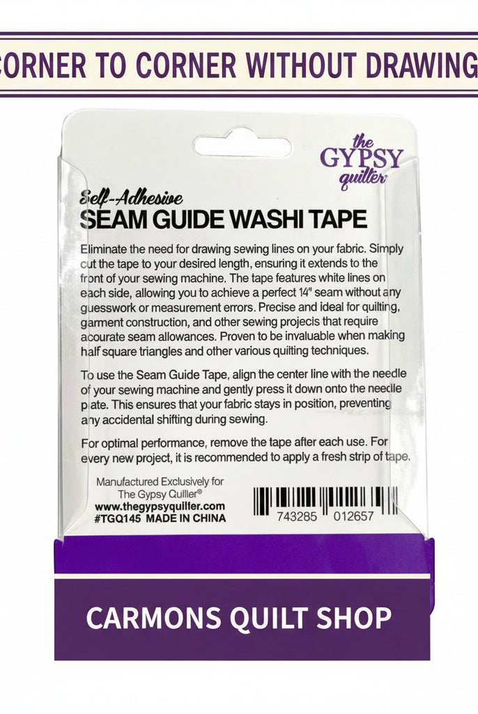 Carmon's Quilt Shop The Gypsy Quilter seam guide washi tape packaging for accurate 1/4 inch quilting seam allowances