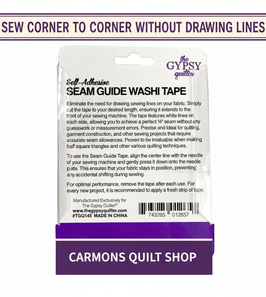 Carmon's Quilt Shop The Gypsy Quilter seam guide washi tape packaging for accurate 1/4 inch quilting seam allowances
