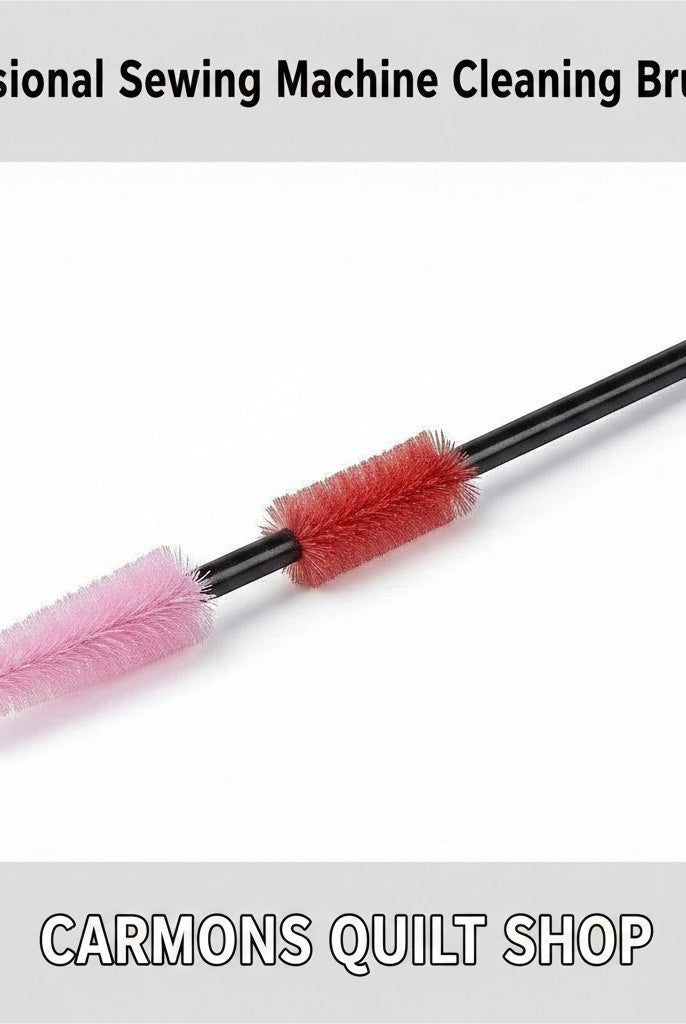 Carmon's Quilt Shop professional double-ended sewing machine cleaning brush with pink and red bristles
