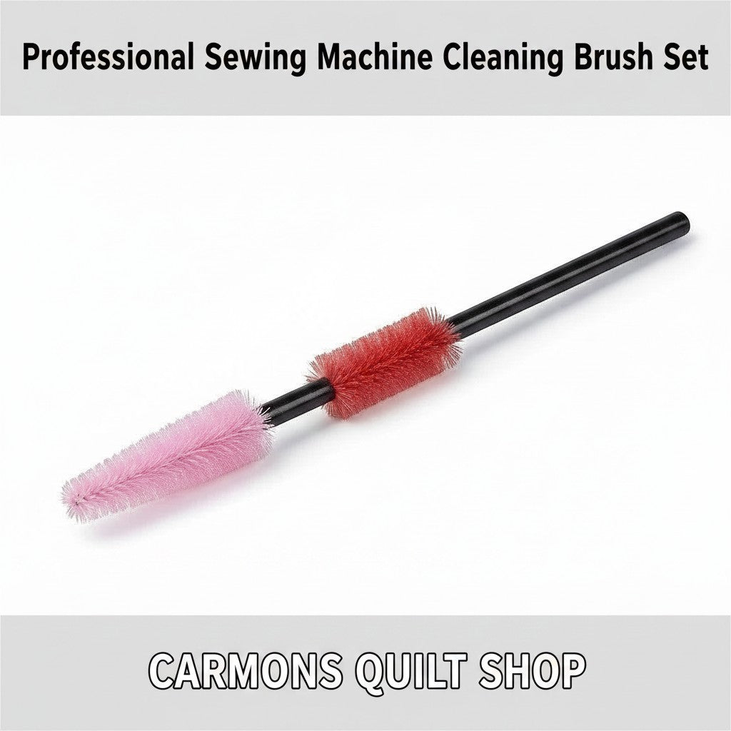 Carmon's Quilt Shop professional double-ended sewing machine cleaning brush with pink and red bristles