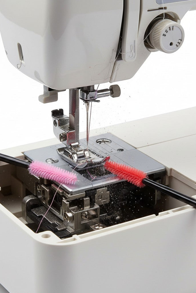 Carmon's Quilt Shop The Gypsy Quilter cleaning brushes with silicone bristles removing lint from a sewing machine