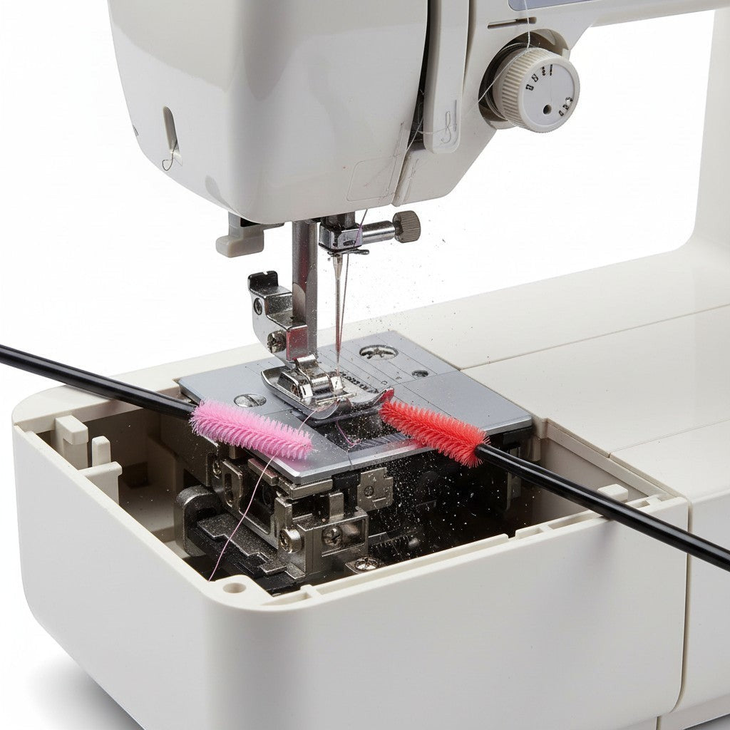 Carmon's Quilt Shop The Gypsy Quilter cleaning brushes with silicone bristles removing lint from a sewing machine