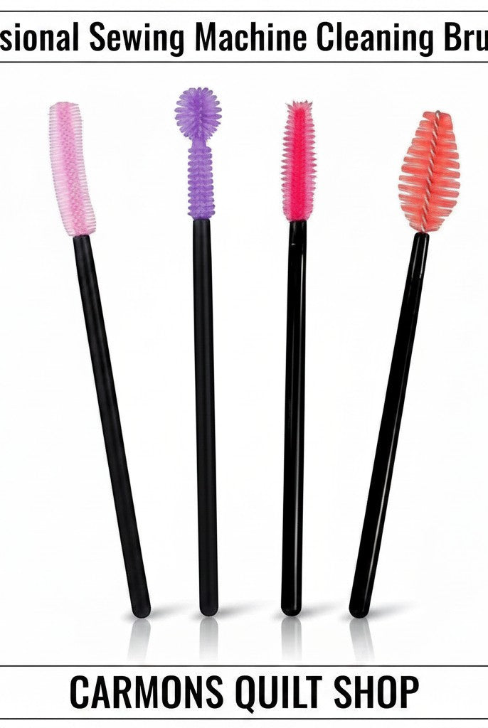 Carmon's Quilt Shop professional sewing machine cleaning brush set with four colorful silicone lint removal tools
