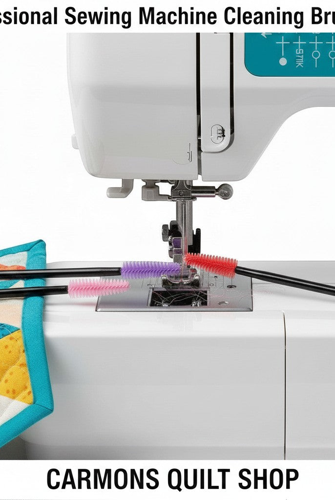 Carmon's Quilt Shop professional sewing machine cleaning brushes with colorful bristles for removing lint and debris