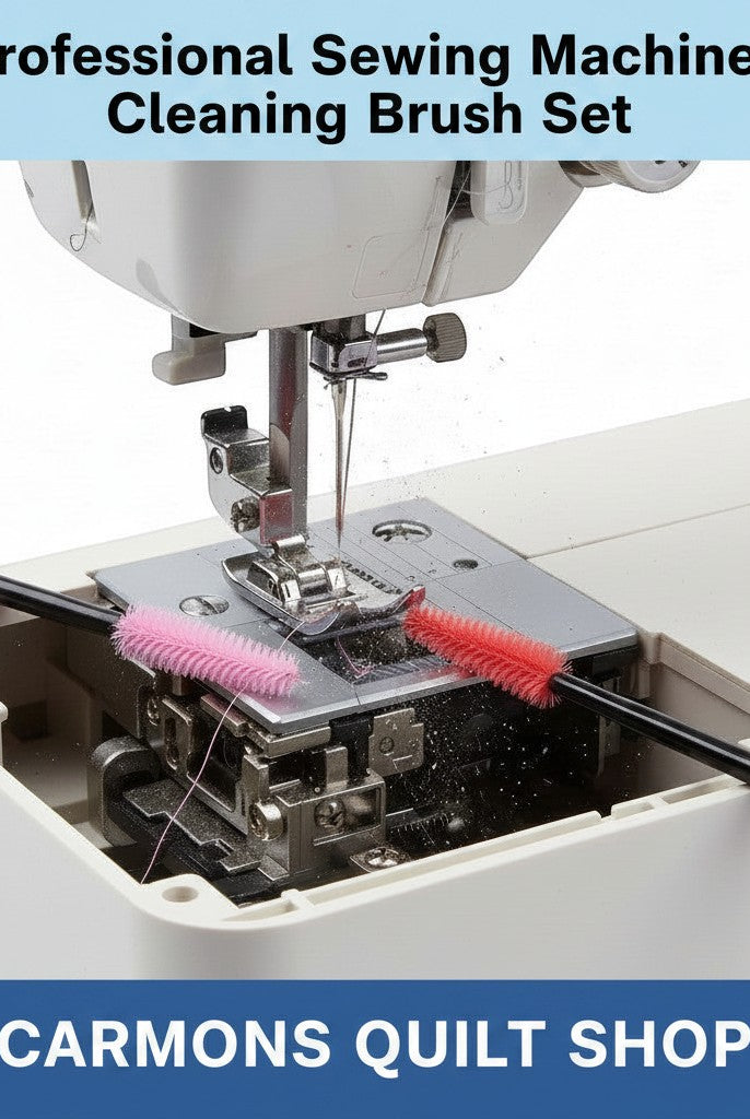 Carmon's Quilt Shop professional sewing machine cleaning brush set with pink and red brushes cleaning a machine