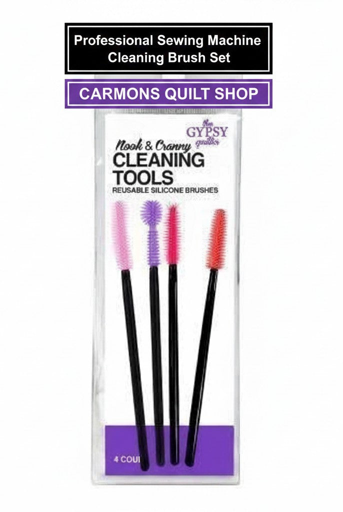Carmon's Quilt Shop professional sewing machine cleaning brush set with four colorful silicone brushes in packaging