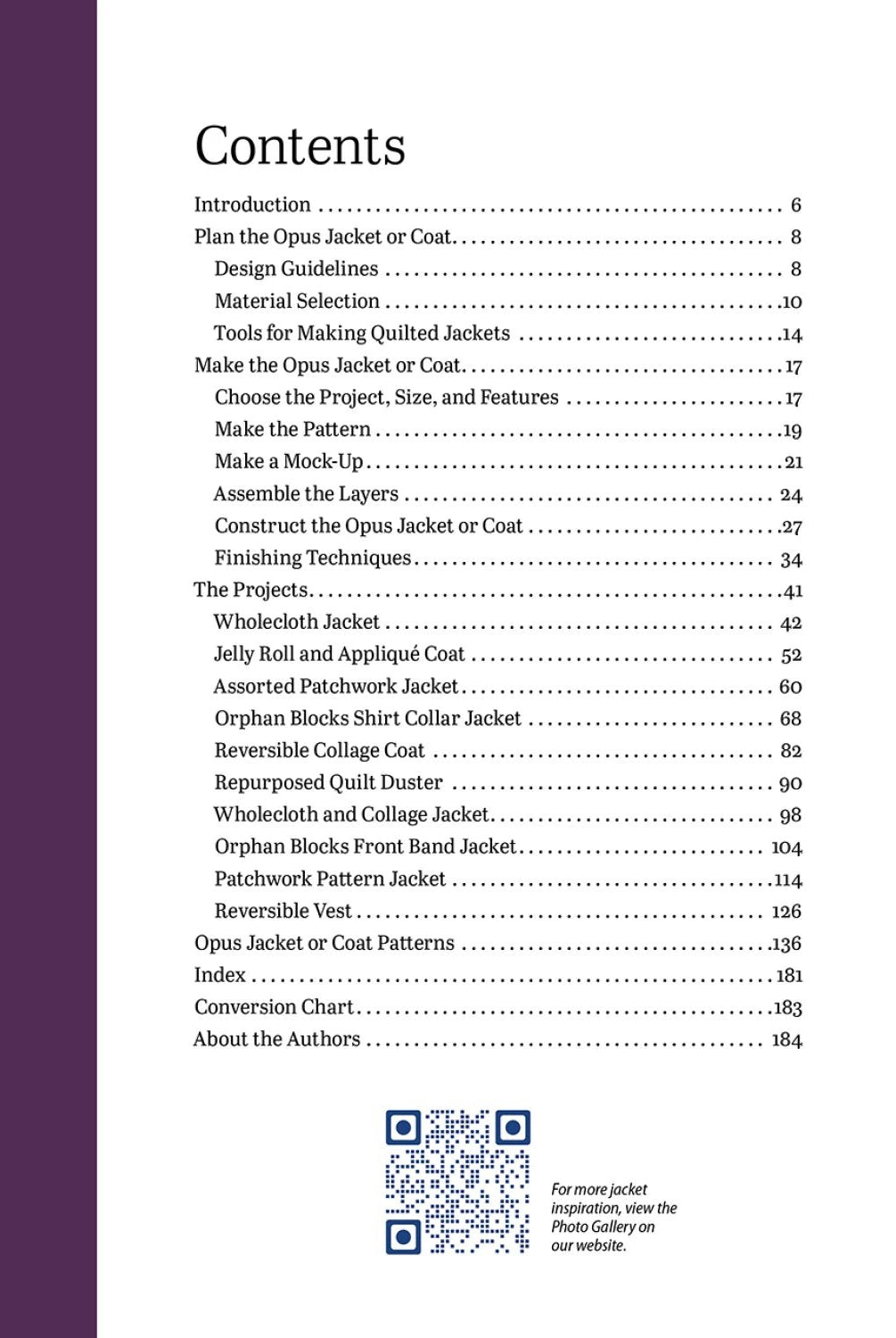 Carmon's Quilt Shop Sewing Quilted Patchwork Jackets book contents page showing instructional chapters and projects