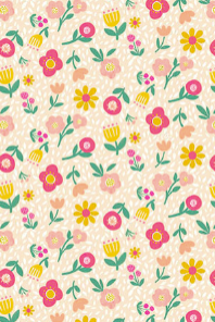 Carmon's Quilt Shop Sisterhood floral fabric print with yellow, pink, and aqua flowers on a cream background