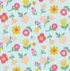 Carmon's Quilt Shop Sisterhood floral fabric featuring colorful flowers on a light aqua background