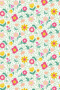 Carmon's Quilt Shop Sisterhood floral fabric print with pink, yellow, and green flowers on a white background