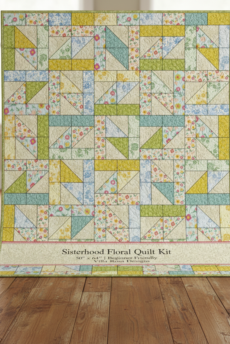 Carmon's Quilt Shop Sisterhood Floral quilt kit featuring geometric blocks in soft yellow, green, blue, and floral prints