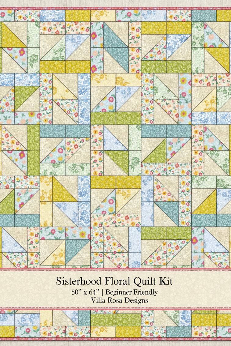 Carmon's Quilt Shop Sisterhood Floral quilt kit featuring geometric blocks in soft yellow, green, blue, and floral prints