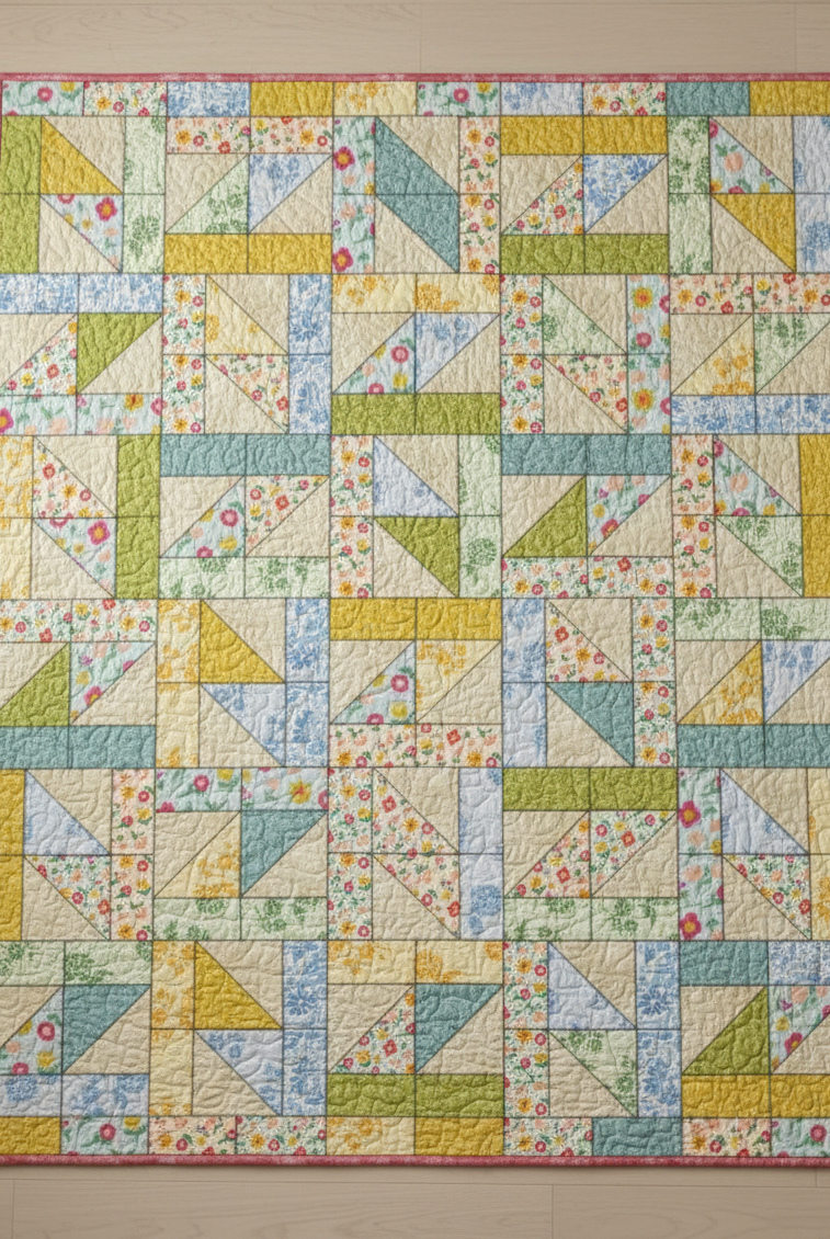 Carmon's Quilt Shop Sisterhood floral quilt kit featuring geometric blocks in yellow, green, blue, and aqua prints.