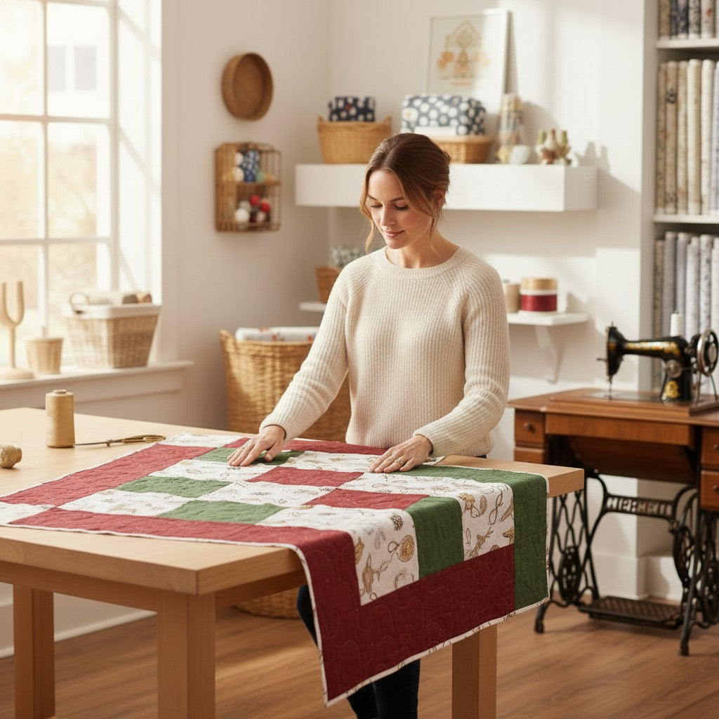 Woman sewing a festive quilt with Carmon's Quilt Shop Snowbound White Ornaments cotton fabric in a bright craft room.