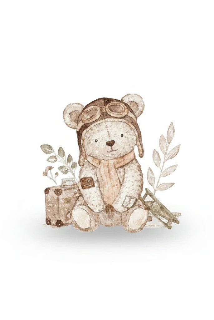 Carmon's Quilt Shop Soaring Dreams cream 100% cotton fabric with a watercolor teddy bear pilot, suitcase, and airplane. Ideal for quilting.