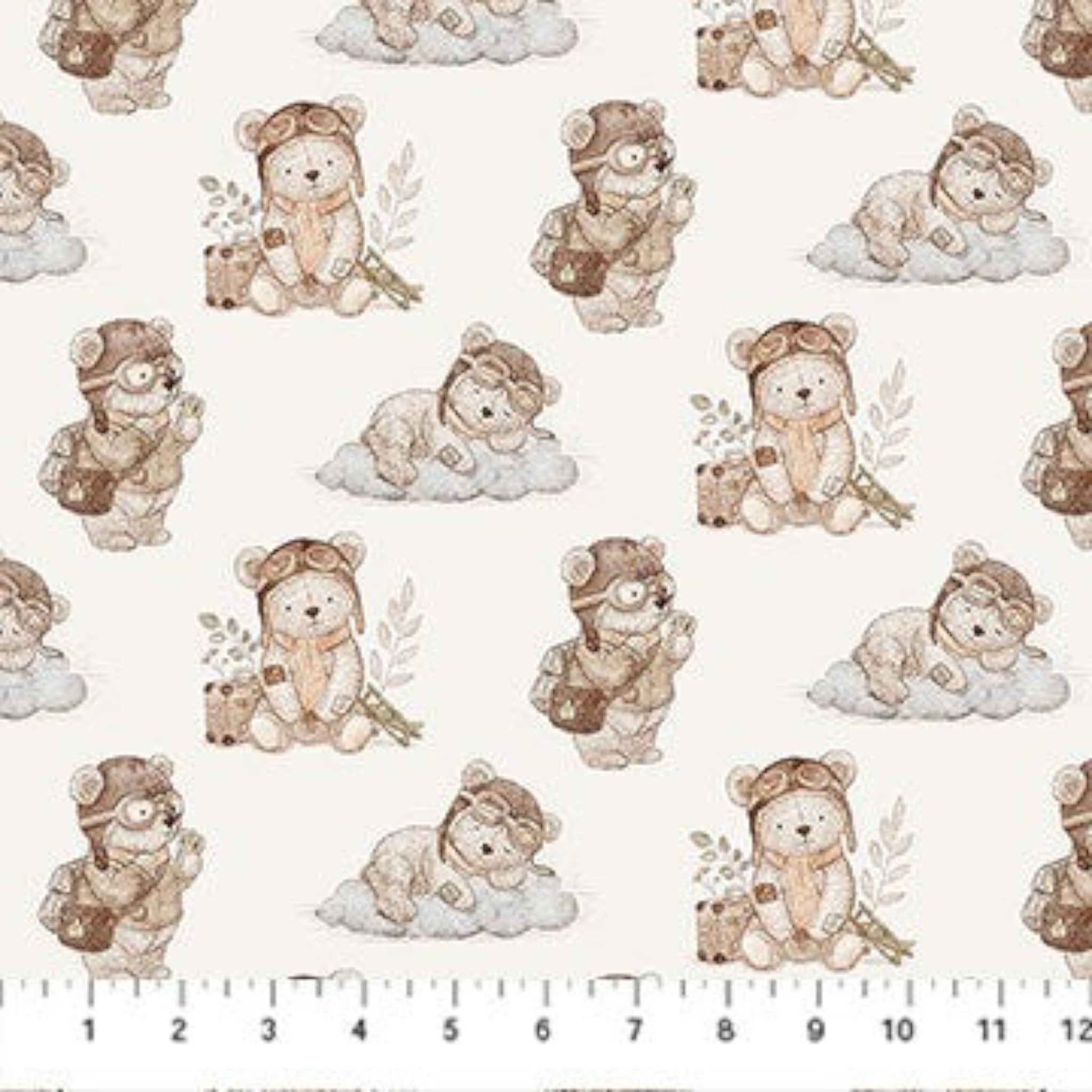 Carmon's Quilt Shop Soaring Dreams cream 100% cotton fabric with illustrated teddy bears in aviator gear on clouds. Jessica Yon Lo designer.