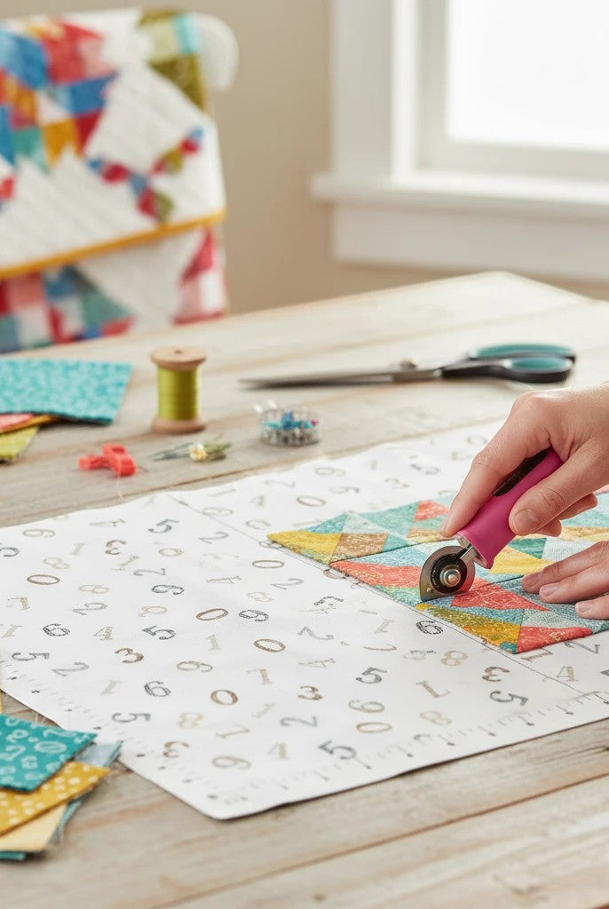 Carmon's Quilt Shop Soaring Dreams 100% cotton fabric in gray-blue, featuring geometric patterns, ideal for quilting.