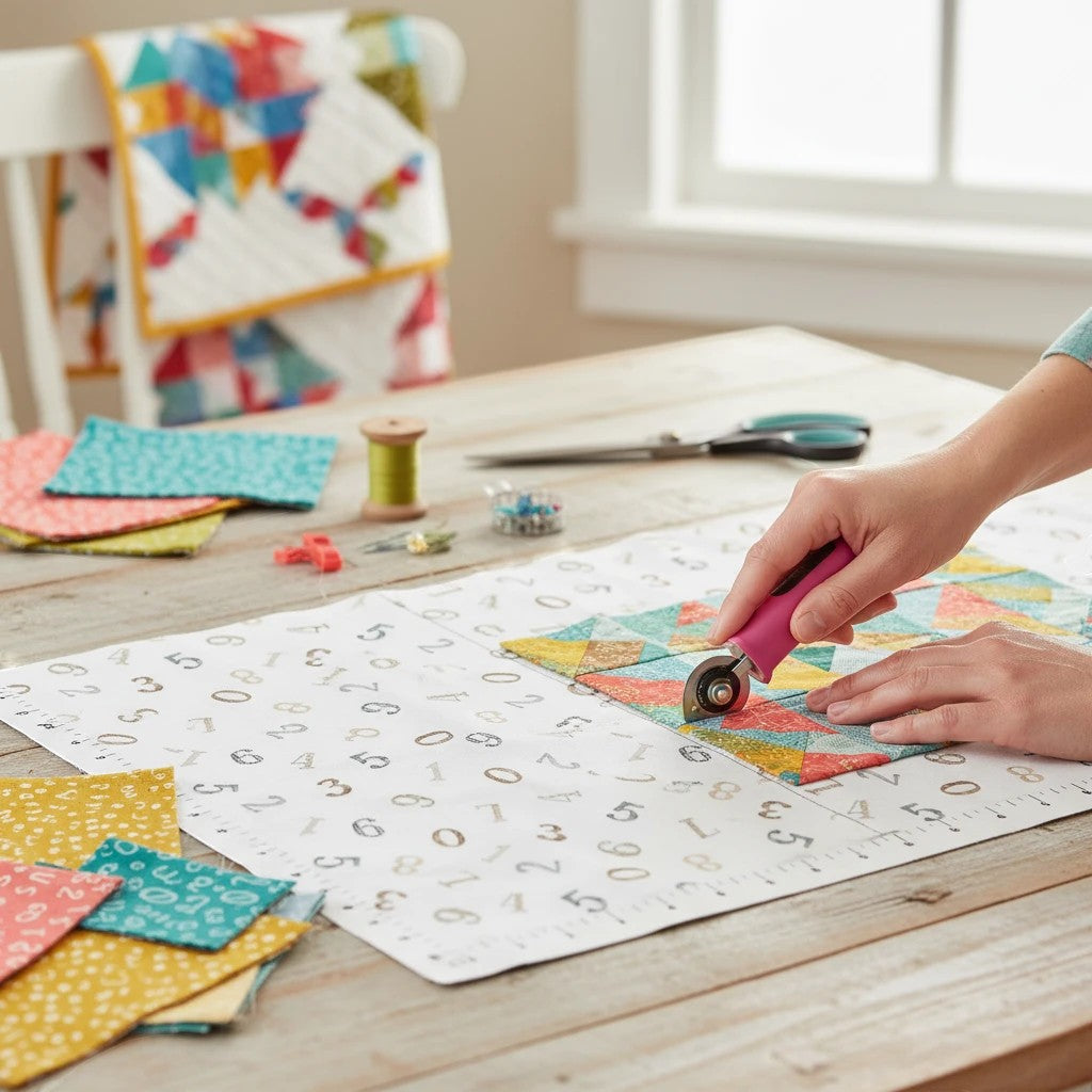 Carmon's Quilt Shop Soaring Dreams 100% cotton fabric in gray-blue, featuring geometric patterns, ideal for quilting.