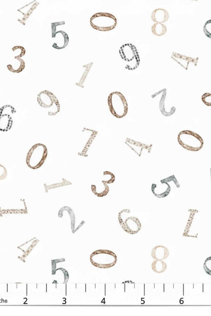 Carmon's Quilt Shop Soaring Dreams fabric with scattered numbers in gray, blue, and tan on a white background. 100% cotton.