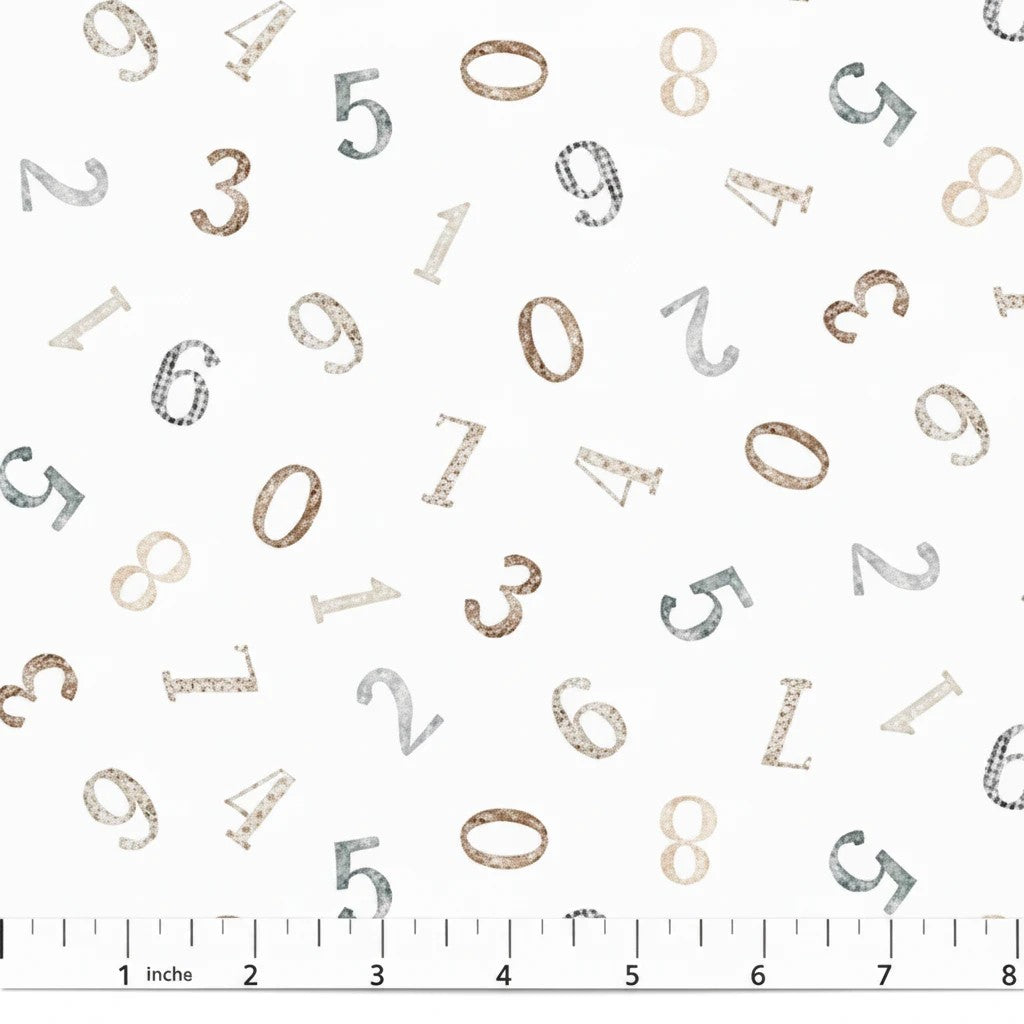 Carmon's Quilt Shop Soaring Dreams fabric with scattered numbers in gray, blue, and tan on a white background. 100% cotton.