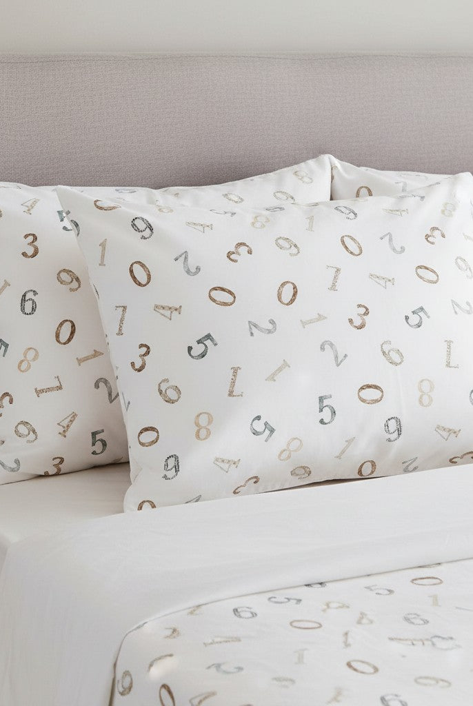 Carmon's Quilt Shop Soaring Dreams white 100% cotton fabric with scattered gray and blue numbers. Jessica Yon Lo designer.