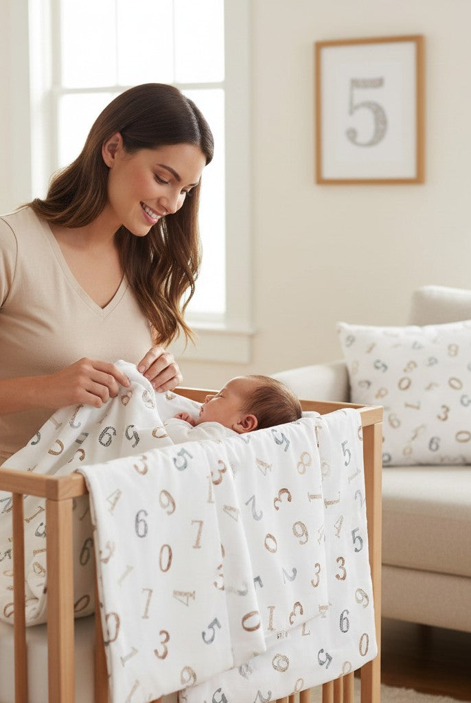 Carmon's Quilt Shop Soaring Dreams fabric with scattered gray-blue and tan numbers on white. 100% cotton.